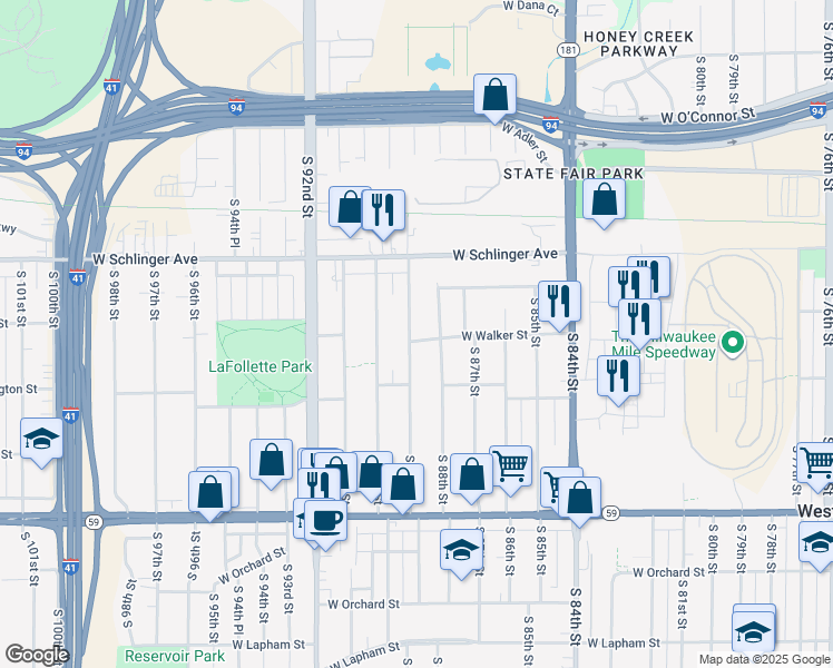map of restaurants, bars, coffee shops, grocery stores, and more near 900 South 89th Street in West Allis