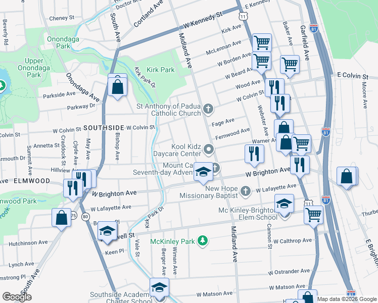 map of restaurants, bars, coffee shops, grocery stores, and more near 190 Hope Avenue in Syracuse