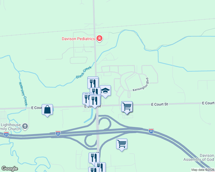 map of restaurants, bars, coffee shops, grocery stores, and more near 1084 North Irish Road in Davison