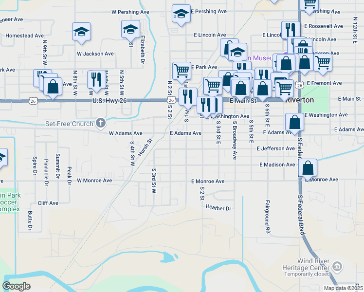 map of restaurants, bars, coffee shops, grocery stores, and more near 118 West Jefferson Avenue in Riverton