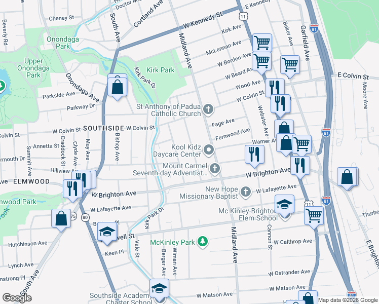 map of restaurants, bars, coffee shops, grocery stores, and more near 190 Hope Avenue in Syracuse
