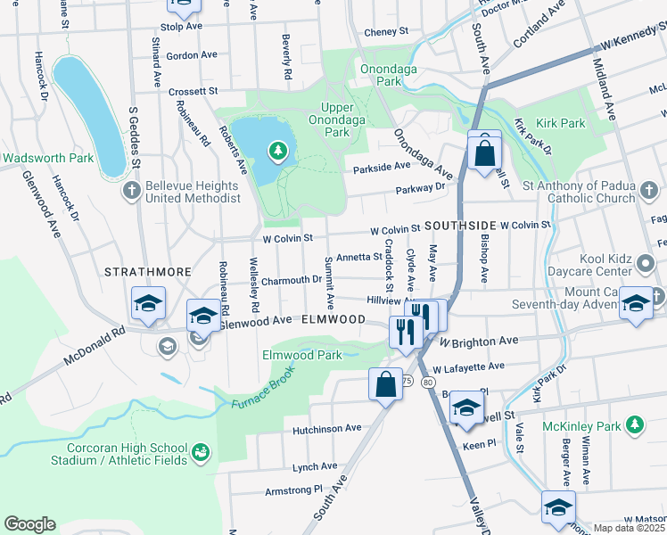 map of restaurants, bars, coffee shops, grocery stores, and more near 621 Summit Avenue in Syracuse