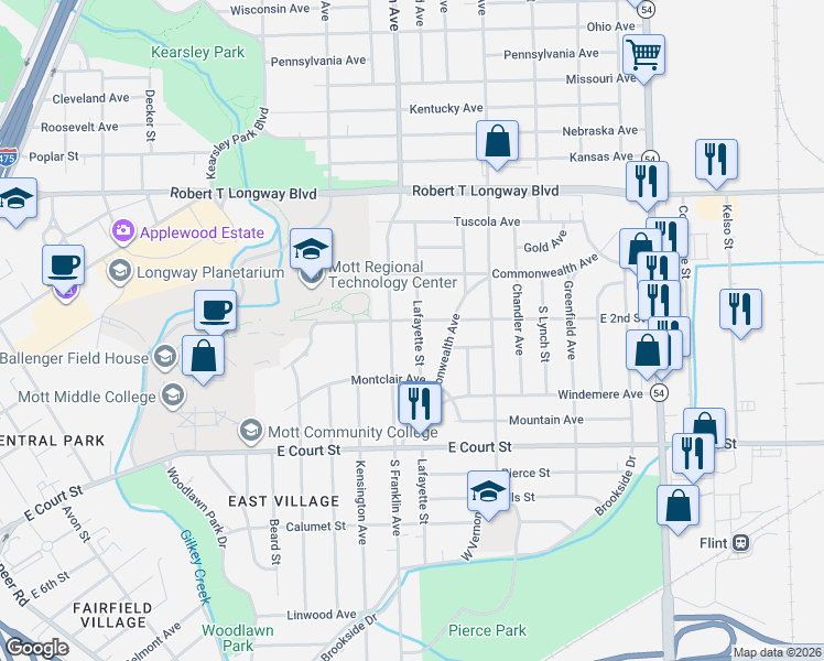 map of restaurants, bars, coffee shops, grocery stores, and more near 513 Lafayette Street in Flint