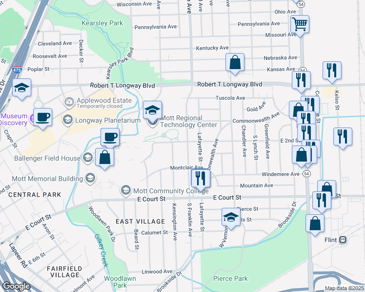 map of restaurants, bars, coffee shops, grocery stores, and more near 514 South Franklin Avenue in Flint
