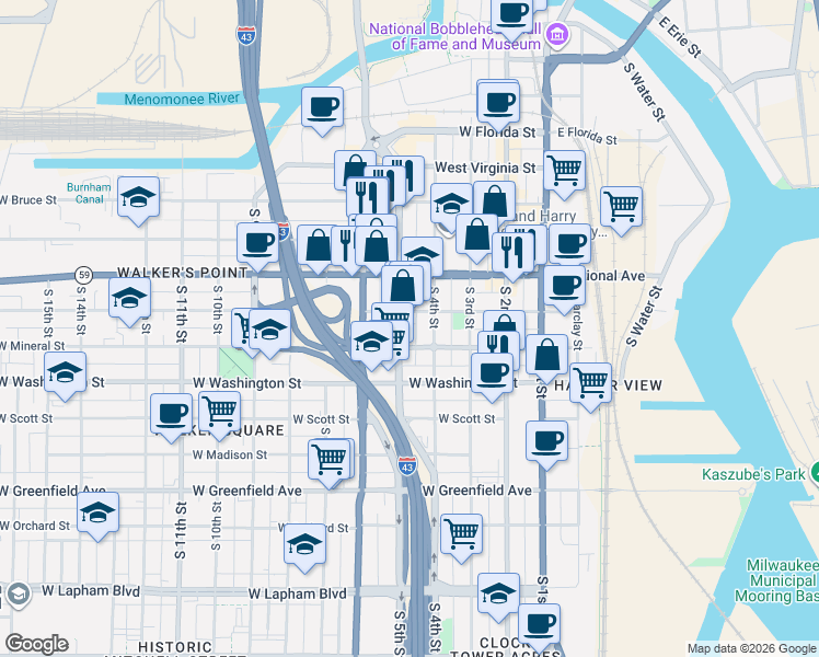 map of restaurants, bars, coffee shops, grocery stores, and more near 924 South 5th Street in Milwaukee