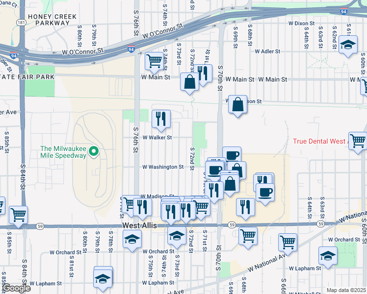 map of restaurants, bars, coffee shops, grocery stores, and more near 934 South 73rd Street in West Allis