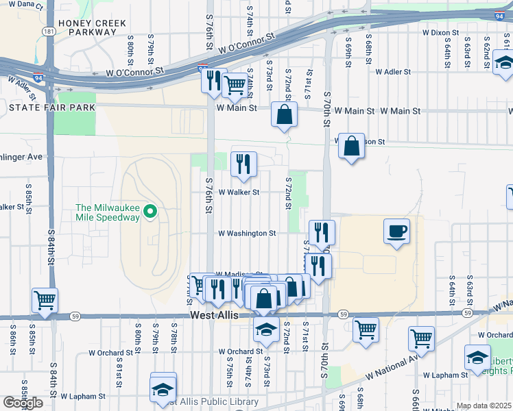 map of restaurants, bars, coffee shops, grocery stores, and more near 939 South 74th Street in West Allis