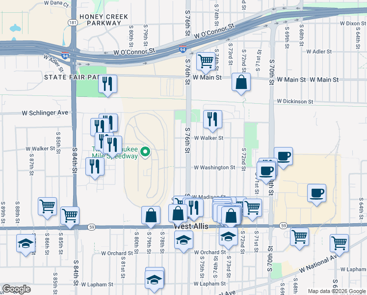 map of restaurants, bars, coffee shops, grocery stores, and more near 932 South 77th Street in West Allis