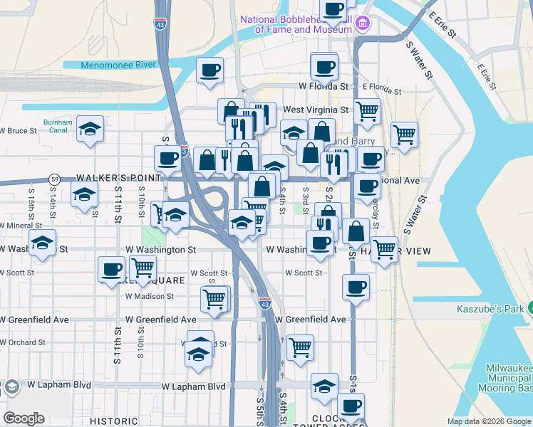 map of restaurants, bars, coffee shops, grocery stores, and more near 914 South 5th Street in Milwaukee