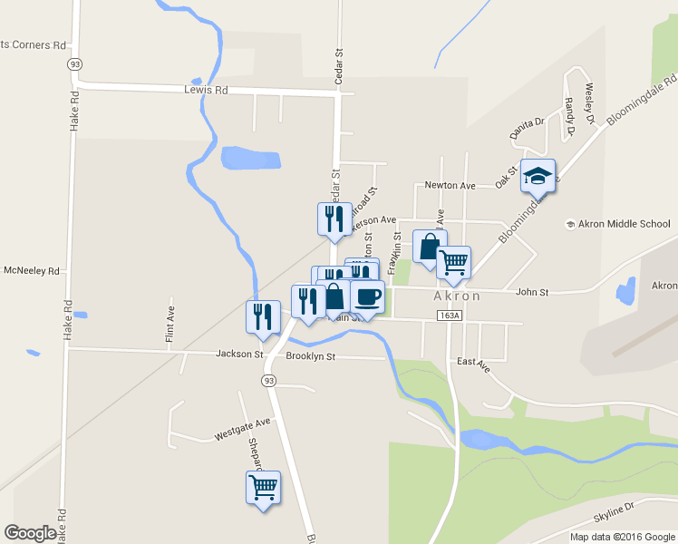 map of restaurants, bars, coffee shops, grocery stores, and more near 26 John Street in Akron