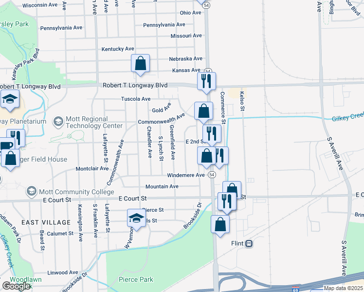 map of restaurants, bars, coffee shops, grocery stores, and more near 2516 East 2nd Street in Flint