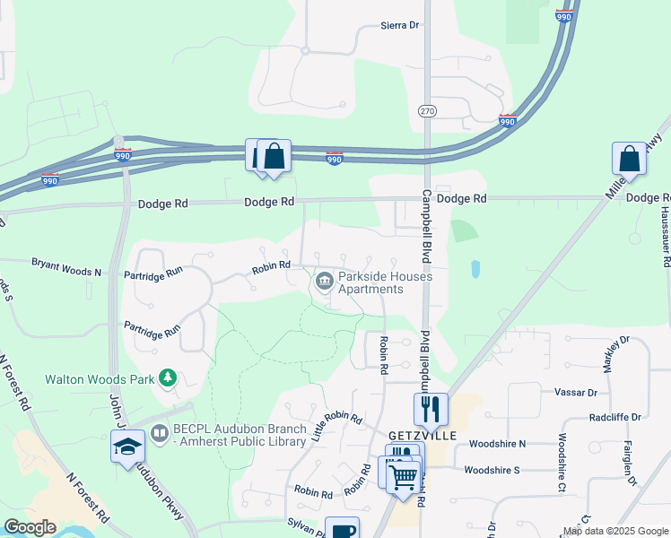map of restaurants, bars, coffee shops, grocery stores, and more near 937 Robin Road in Erie County