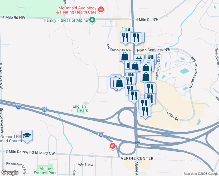 map of restaurants, bars, coffee shops, grocery stores, and more near 3189 Abington Drive Northwest in Grand Rapids