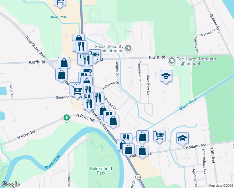 map of restaurants, bars, coffee shops, grocery stores, and more near 3900 Aspen Drive in Port Huron