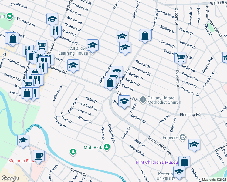 map of restaurants, bars, coffee shops, grocery stores, and more near 1063 Marquette Street in Flint