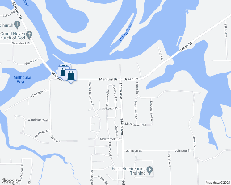 map of restaurants, bars, coffee shops, grocery stores, and more near 13908 Oakwood Circle in Grand Haven