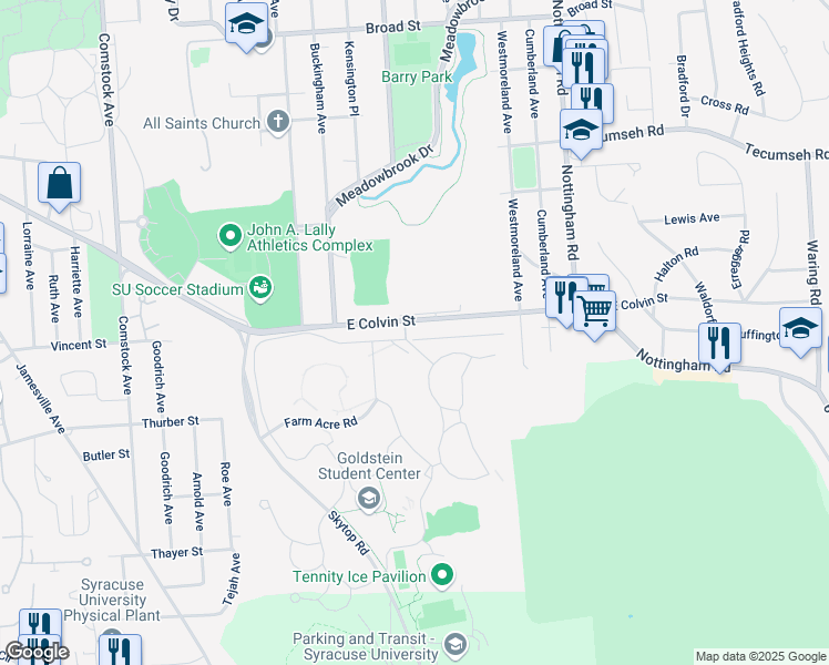 map of restaurants, bars, coffee shops, grocery stores, and more near 401 Small Road in Syracuse