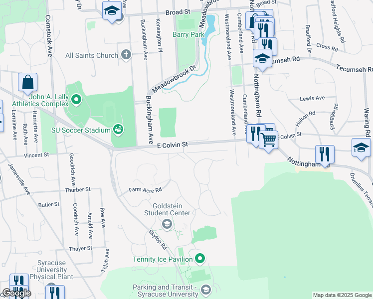 map of restaurants, bars, coffee shops, grocery stores, and more near 401 Small Road in Syracuse