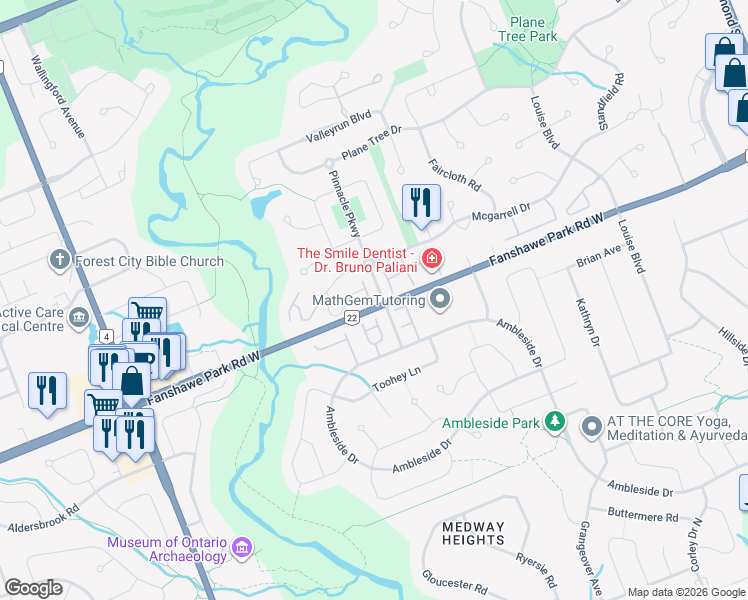 map of restaurants, bars, coffee shops, grocery stores, and more near 19 Fanshawe Park Road West in London