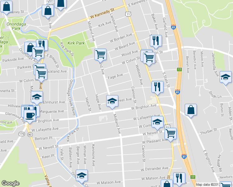 map of restaurants, bars, coffee shops, grocery stores, and more near 361 Warner Avenue in Syracuse