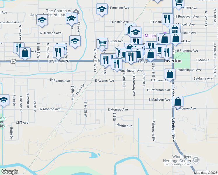map of restaurants, bars, coffee shops, grocery stores, and more near 110 E Jefferson Ave in Riverton