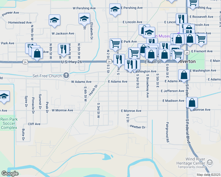 map of restaurants, bars, coffee shops, grocery stores, and more near 118 West Jefferson Avenue in Riverton