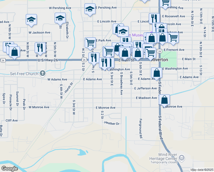 map of restaurants, bars, coffee shops, grocery stores, and more near 214 East Jefferson Avenue in Riverton
