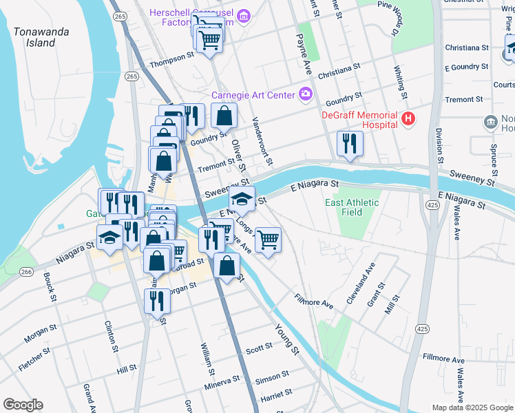 map of restaurants, bars, coffee shops, grocery stores, and more near 1 East Avenue in Tonawanda