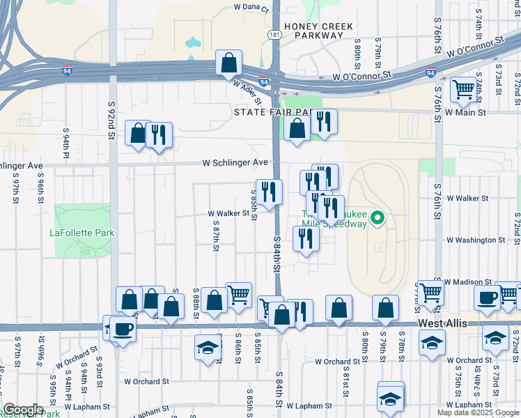map of restaurants, bars, coffee shops, grocery stores, and more near 904 South 85th Street in West Allis