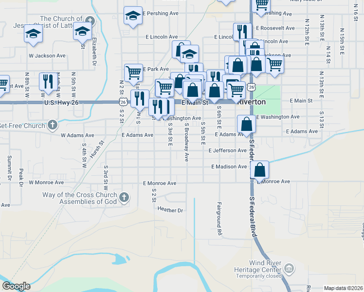 map of restaurants, bars, coffee shops, grocery stores, and more near 320 South Broadway Avenue in Riverton