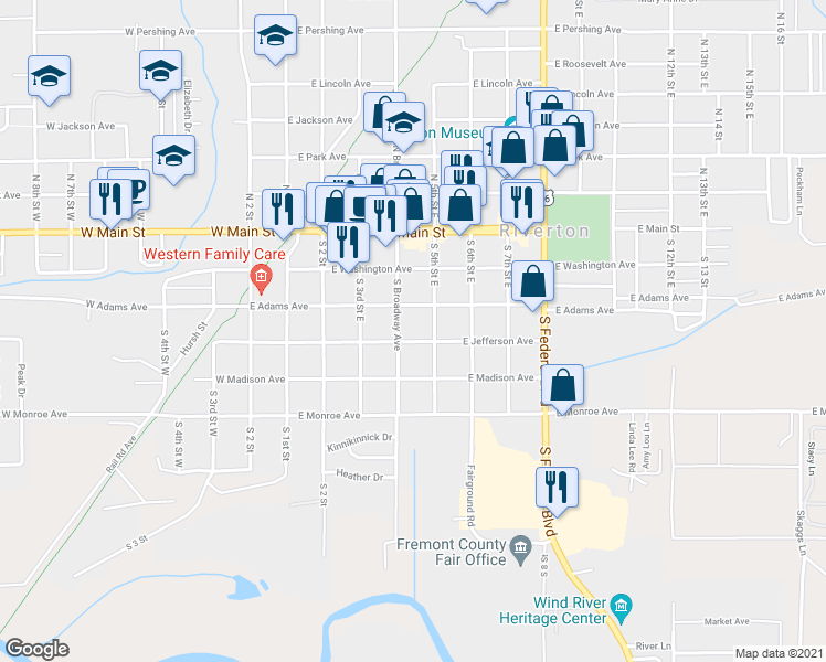 map of restaurants, bars, coffee shops, grocery stores, and more near 435 East Jefferson Avenue in Riverton
