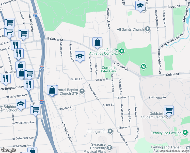 map of restaurants, bars, coffee shops, grocery stores, and more near 187 Ruth Avenue in Syracuse