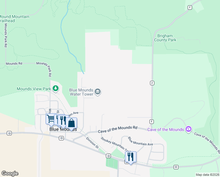 map of restaurants, bars, coffee shops, grocery stores, and more near 10918 Cave of the Mounds Road in Blue Mounds