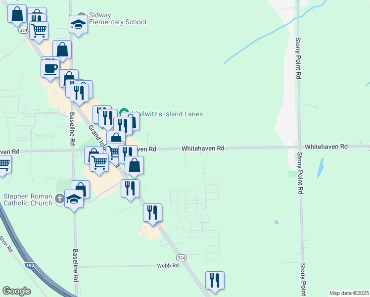 map of restaurants, bars, coffee shops, grocery stores, and more near Whitehaven Road in Grand Island