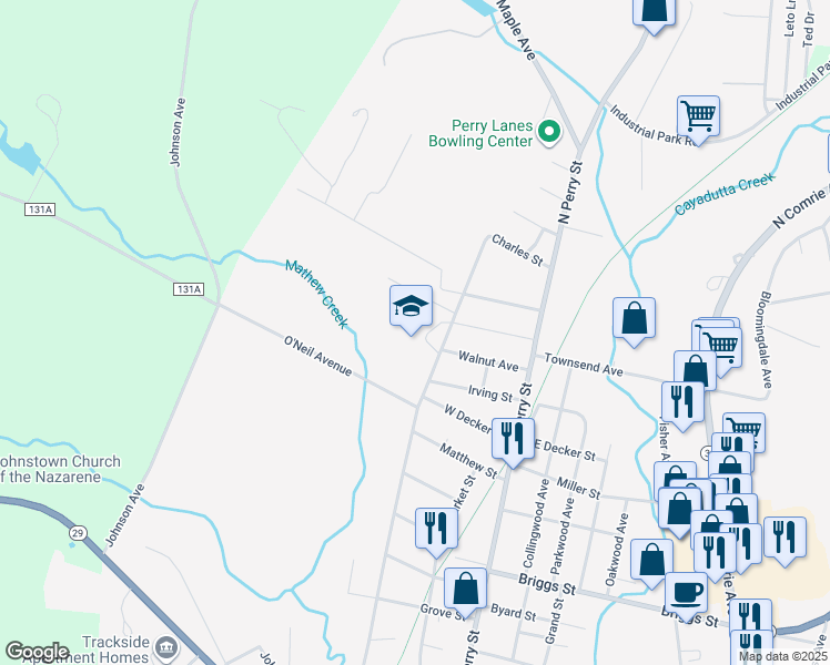 map of restaurants, bars, coffee shops, grocery stores, and more near 235 Pleasant Avenue in Johnstown
