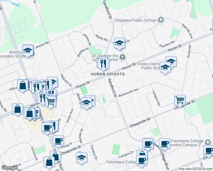 map of restaurants, bars, coffee shops, grocery stores, and more near 1235 Sandford Street in London