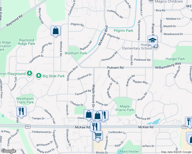 map of restaurants, bars, coffee shops, grocery stores, and more near 2910 Maple Grove Drive in Madison