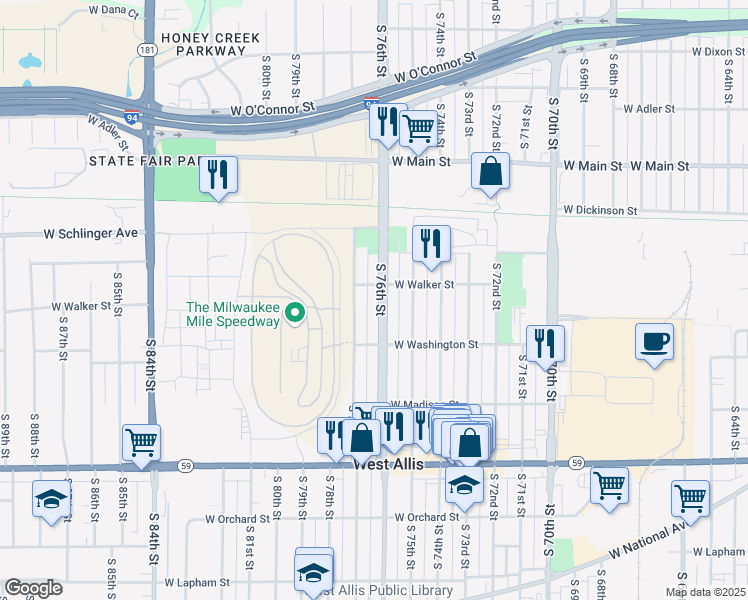 map of restaurants, bars, coffee shops, grocery stores, and more near 921 South 76th Street in West Allis