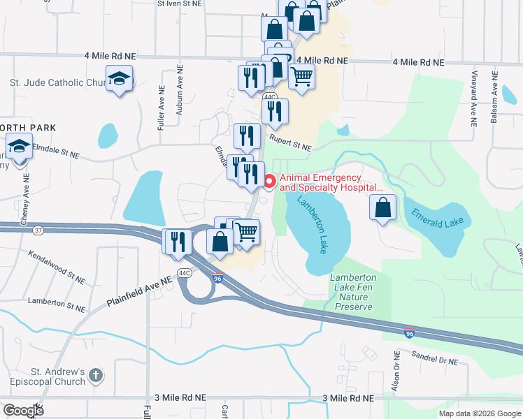 map of restaurants, bars, coffee shops, grocery stores, and more near 3222 Plainfield Avenue Northeast in Grand Rapids