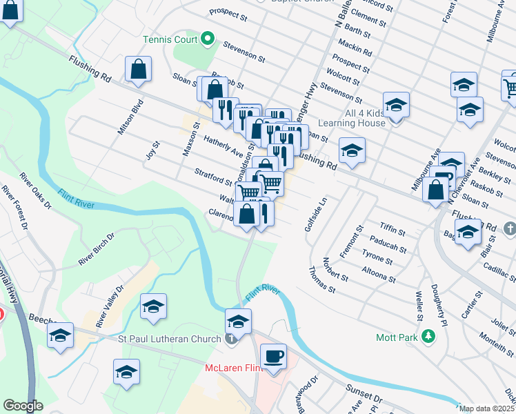 map of restaurants, bars, coffee shops, grocery stores, and more near 3014 Walton Avenue in Flint
