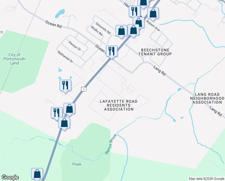 map of restaurants, bars, coffee shops, grocery stores, and more near 212 Mackerel Avenue in Portsmouth