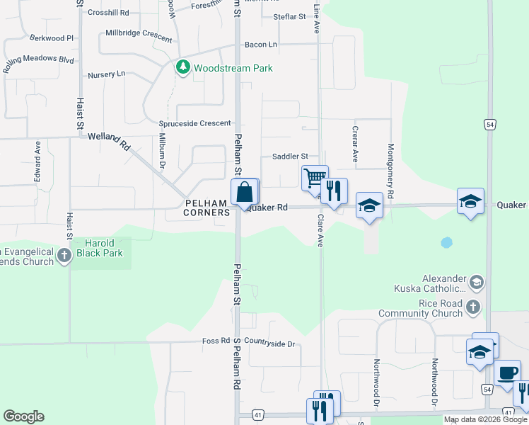 map of restaurants, bars, coffee shops, grocery stores, and more near 743 Quaker Road in Welland
