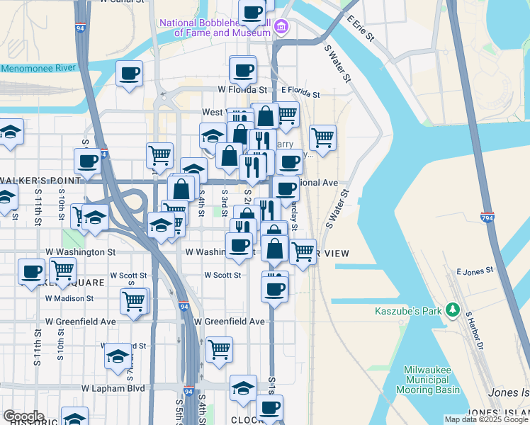 map of restaurants, bars, coffee shops, grocery stores, and more near 128 West Mineral Street in Milwaukee