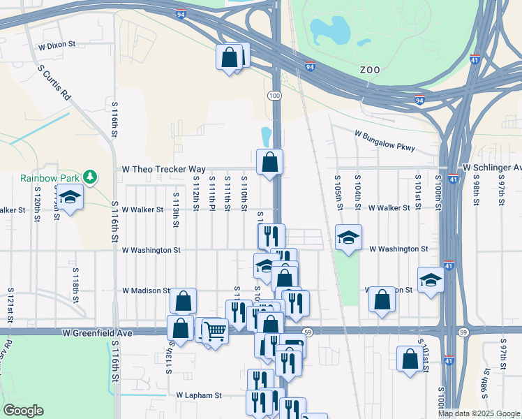 map of restaurants, bars, coffee shops, grocery stores, and more near 900 South 109th Street in West Allis