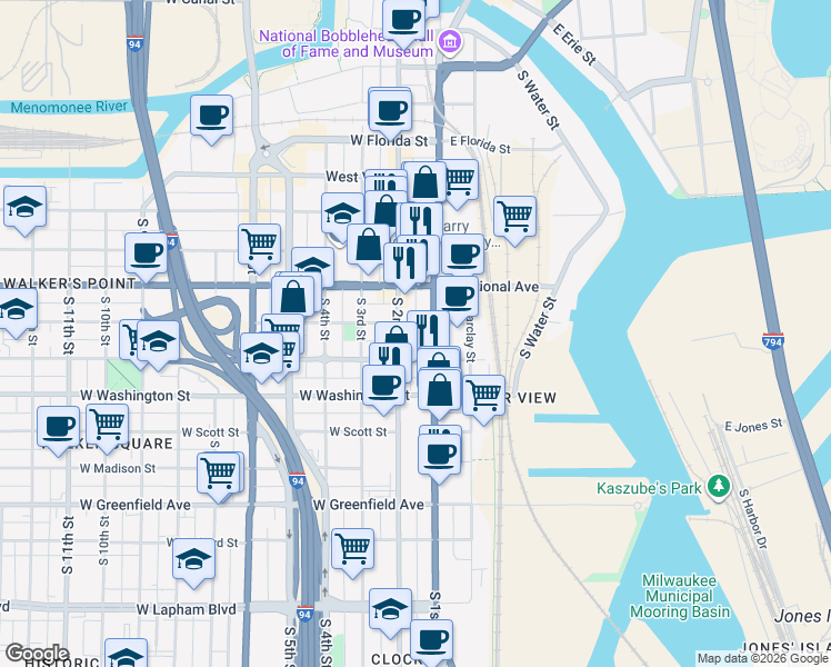 map of restaurants, bars, coffee shops, grocery stores, and more near 128 West Mineral Street in Milwaukee