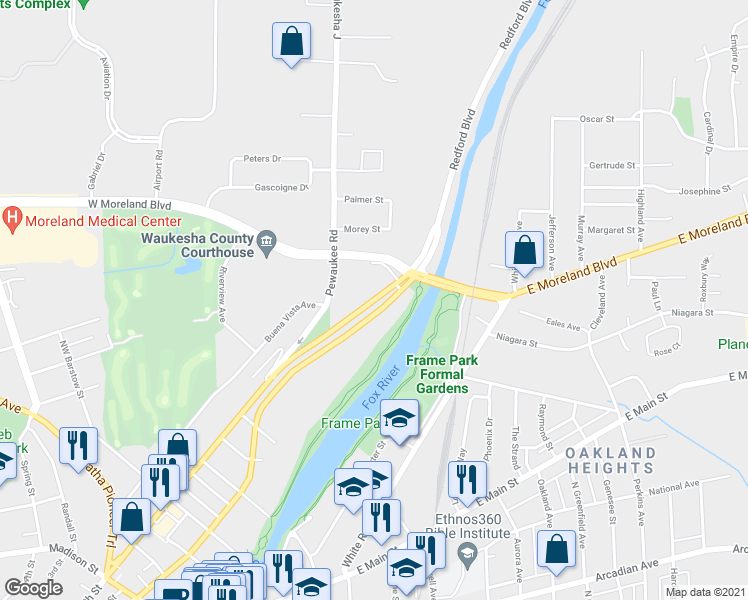 map of restaurants, bars, coffee shops, grocery stores, and more near 1414 East North Street in Waukesha