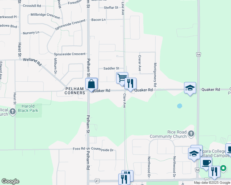 map of restaurants, bars, coffee shops, grocery stores, and more near 703 Quaker Road in Welland
