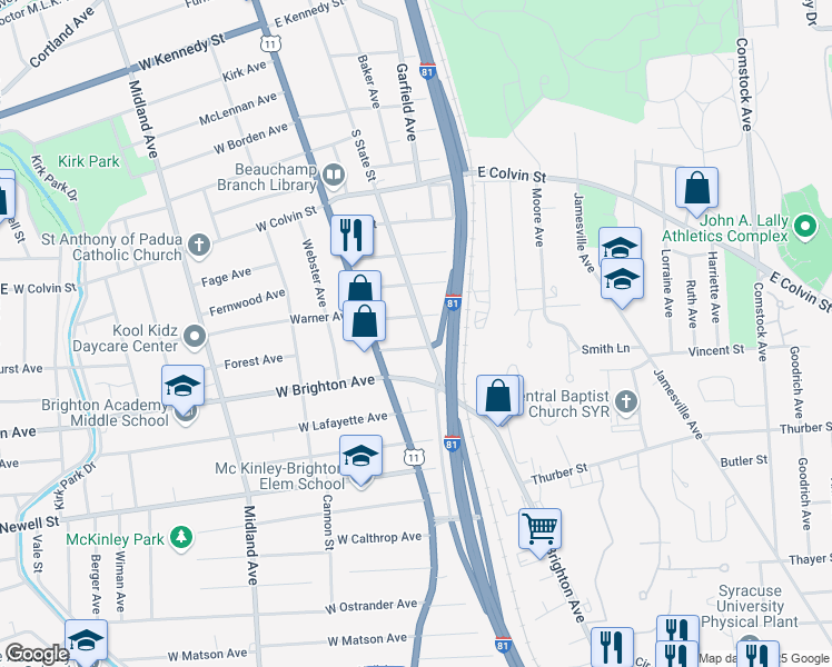 map of restaurants, bars, coffee shops, grocery stores, and more near 2500 South State Street in Syracuse