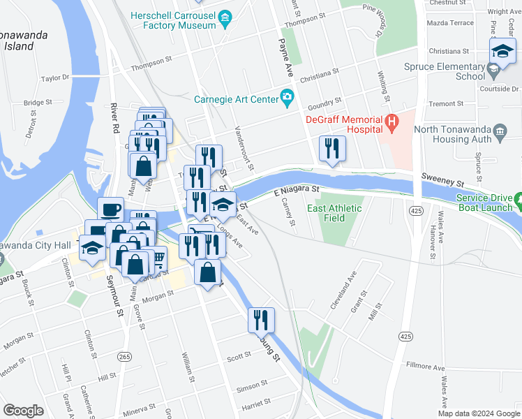 map of restaurants, bars, coffee shops, grocery stores, and more near 156 East Niagara Street in Tonawanda