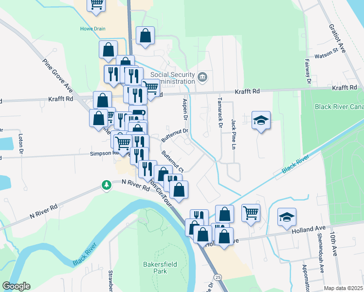 map of restaurants, bars, coffee shops, grocery stores, and more near 3900 Aspen Drive in Port Huron